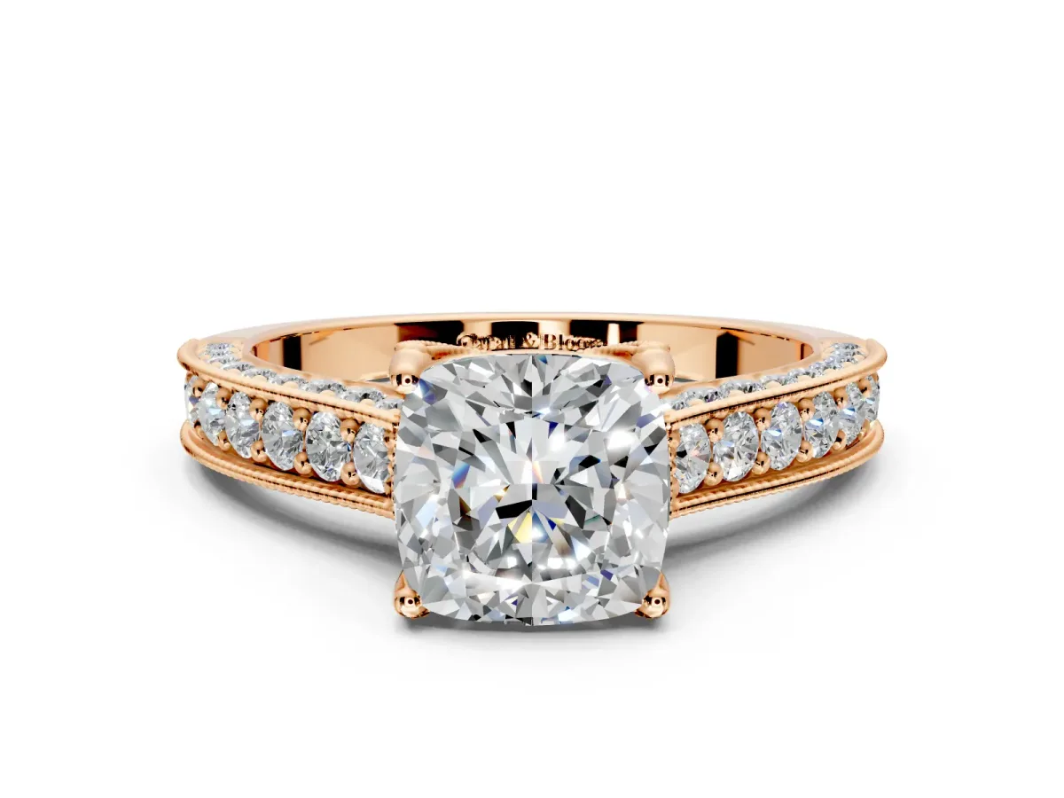 Solitaire Engagement Ring Setting for Cushion Cut Center with Milgrain-Framed Pave Band and Prong Head in Rose Gold