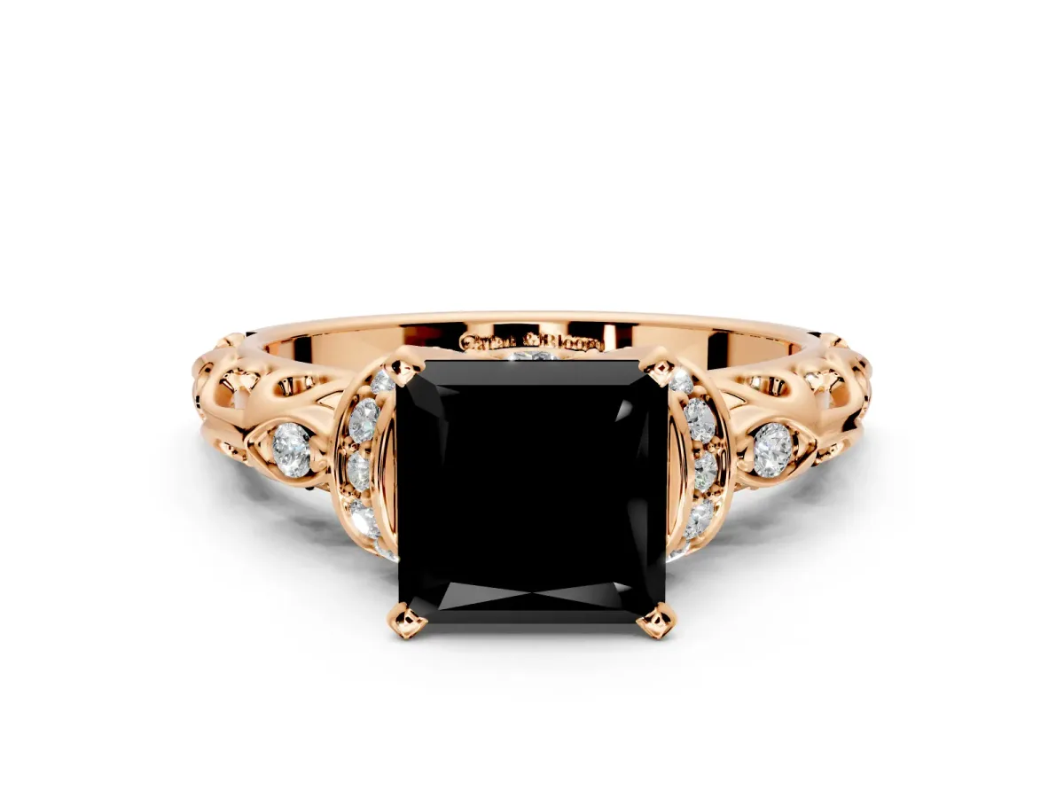 Solitaire Engagement Ring Setting for Fancy Black Princess Cut Center with Filigree Band and Prong Head in Rose Gold