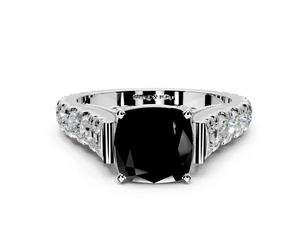 Solitaire Engagement Ring Setting for Fancy Black Cushion Cut Center with Pave Cathedral Shoulders and Prong Head in Sterling Silver