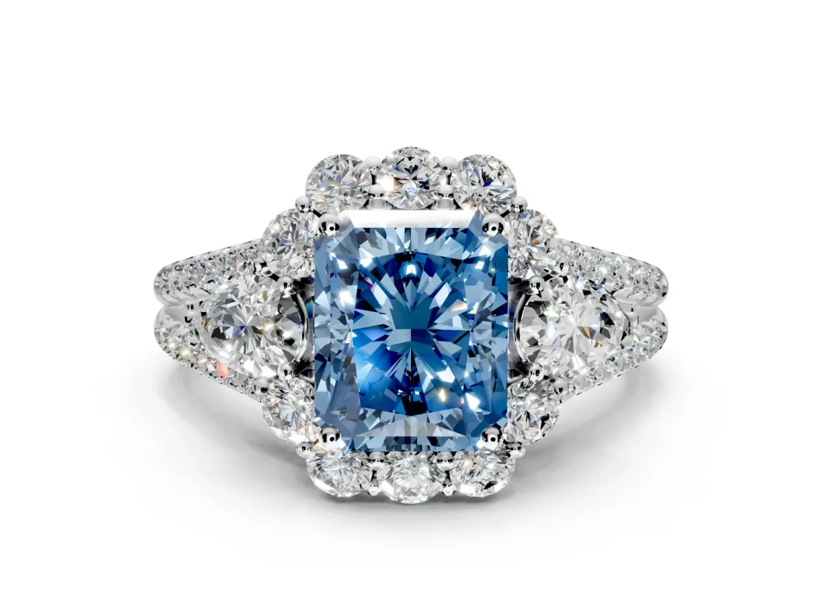 Halo Engagement Ring Setting for Fancy Blue Radiant Cut Center with Two-Strand Split Shank and Prong Head in Platinum