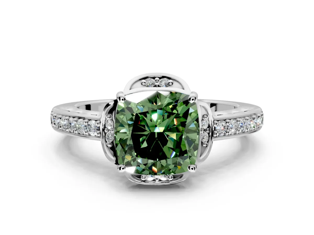Floral Engagement Ring Setting for Fancy Green Cushion Cut Center with Four Accent Clusters and Prong Head in Platinum
