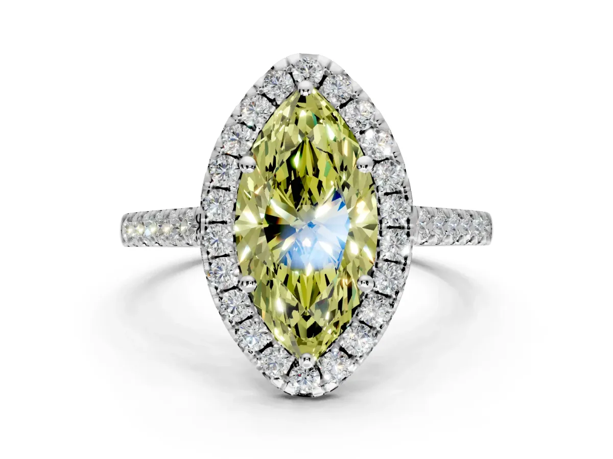 Halo Engagement Ring Setting for Fancy Yellow Marquise Center with Narrowing Pave Band and Prong Head in Platinum