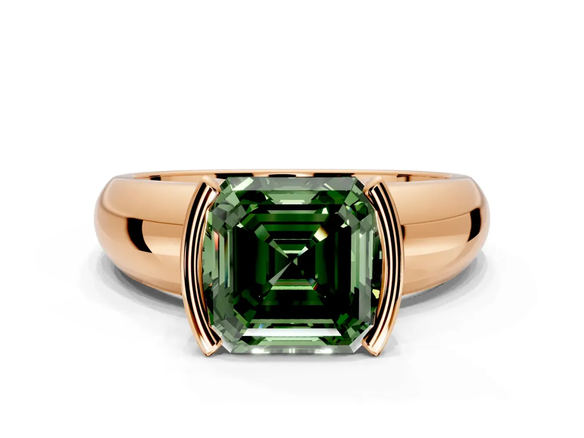 Tension Engagement Ring Setting for Fancy Green Asscher Cut Center with Wide Flat Band and Tension Head in Rose Gold