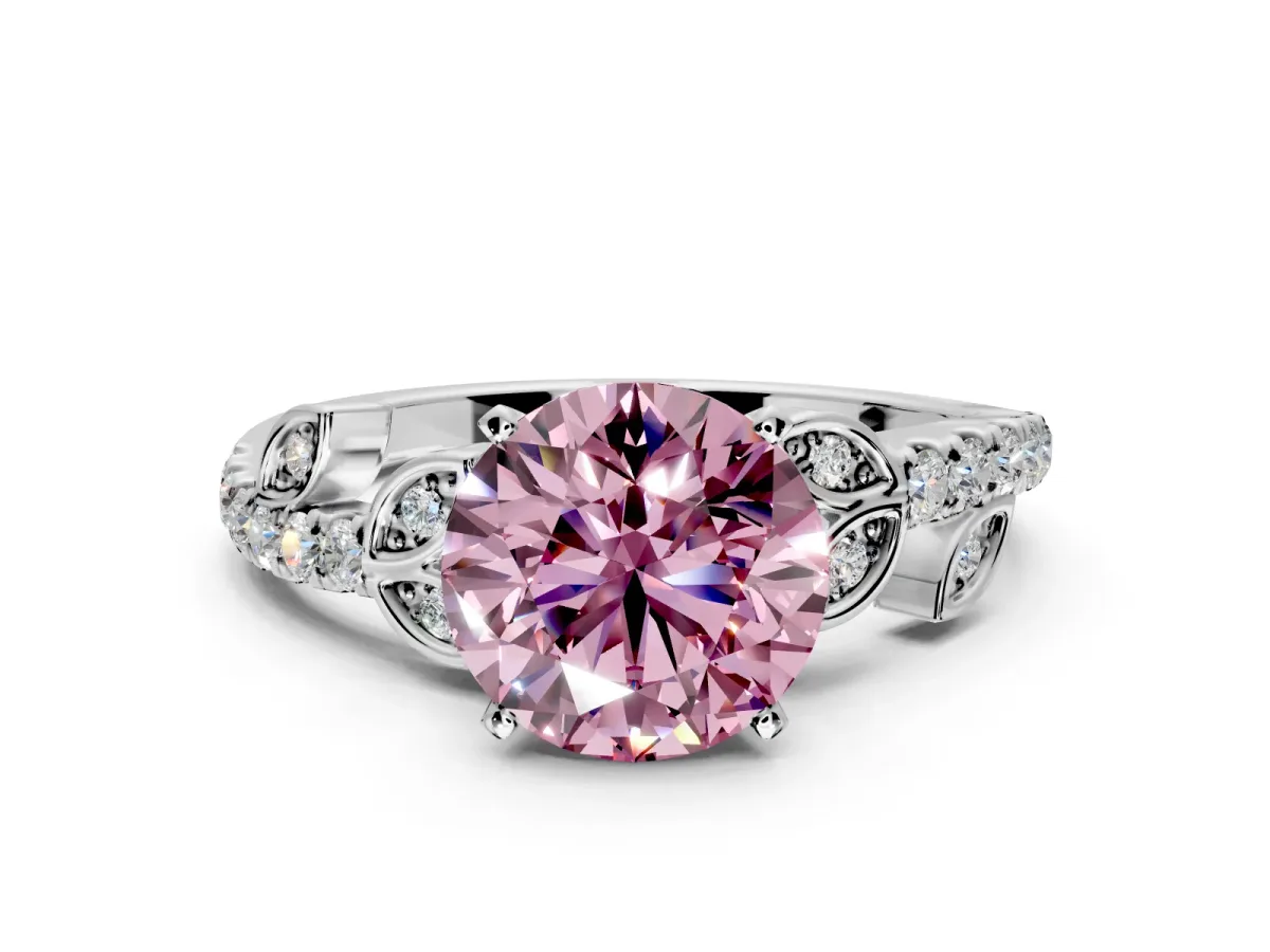 Leaf Motif Engagement Ring Setting for Fancy Pink Round Cut Center with Pave Band and Prong Head in Platinum