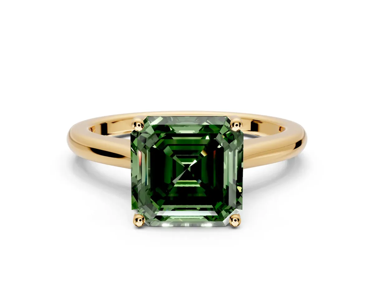 Solitaire Engagement Ring Setting for Fancy Green Asscher Cut Center with Narrow Cathedral Band and Prong Head in Yellow Gold