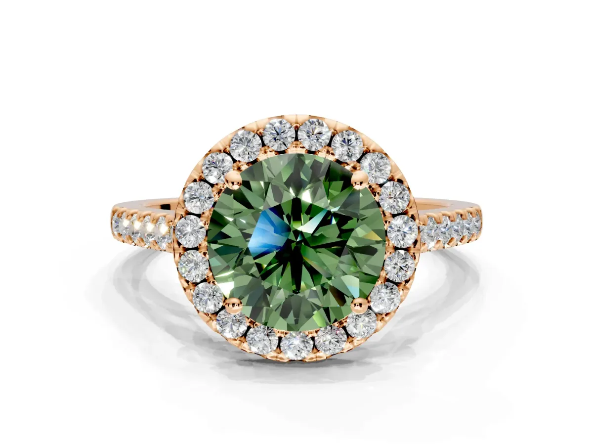 Halo Engagement Ring Setting for Fancy Green Round Cut Center with Narrowing Pave Band and Prong Head in Rose Gold