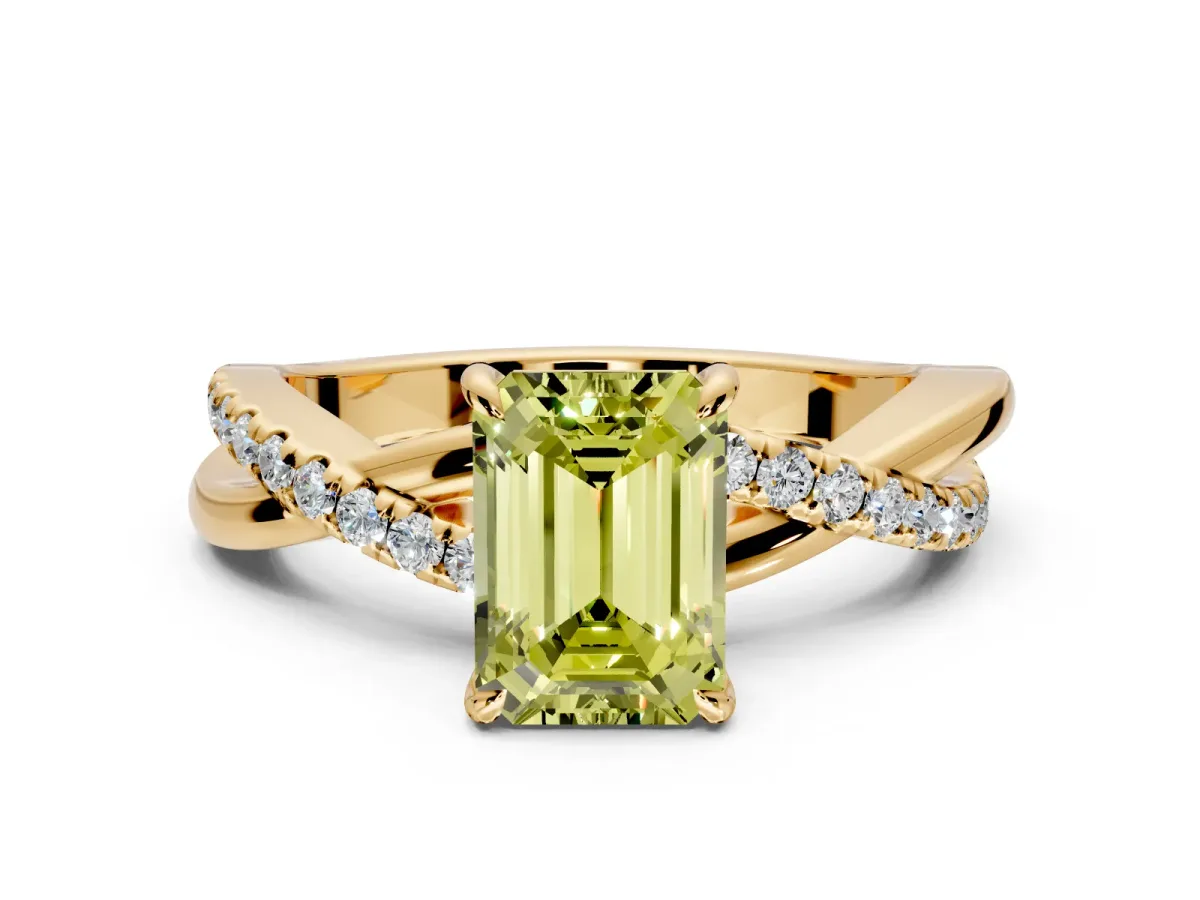Crossover Engagement Ring Setting for Fancy Yellow Emerald Cut Center with Pave and Plain Strands and Prong Head in Yellow Gold