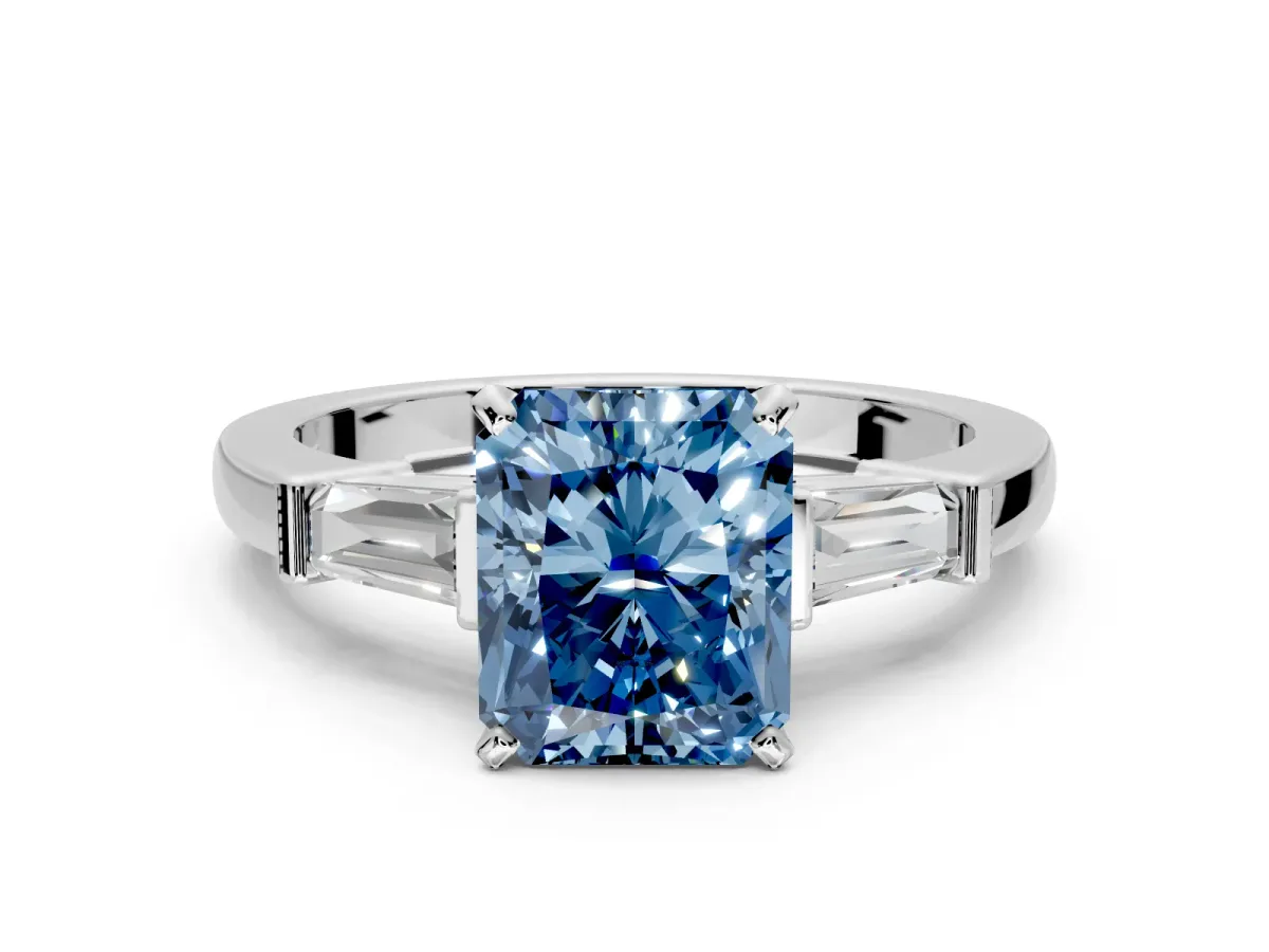 3 Stone Engagement Ring Setting for Fancy Blue Radiant Cut Center with Channel Baguette Accents and Prong Head in Platinum