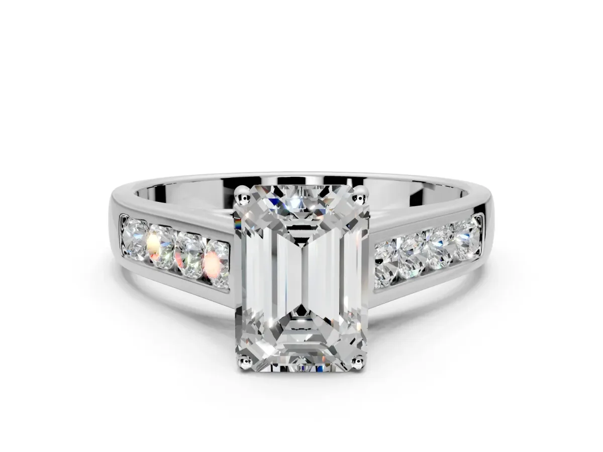 Solitaire Engagement Ring Setting for Emerald Cut Center with Cathedral Channel Band and Prong Head in Platinum