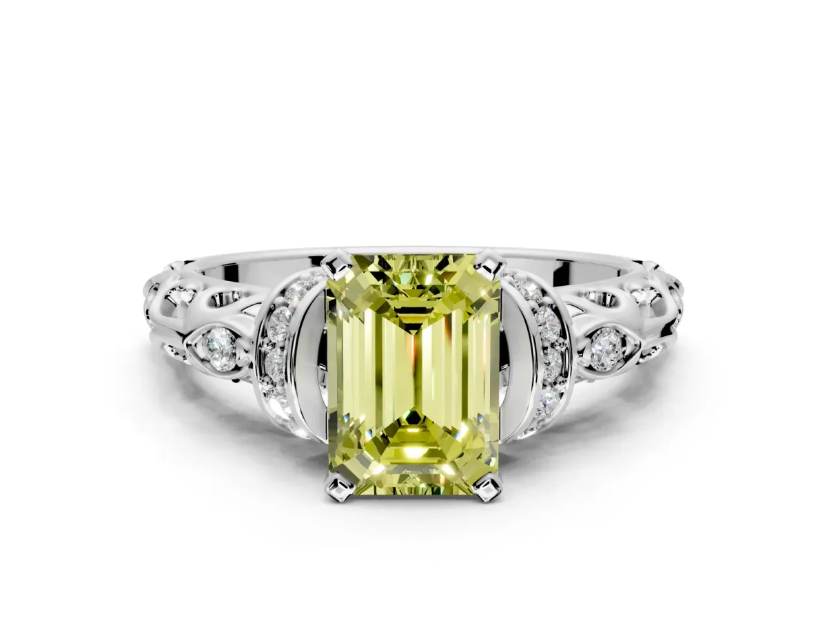 Solitaire Engagement Ring Setting for Fancy Yellow Emerald Cut Center with Filigree Band and Prong Head in Platinum