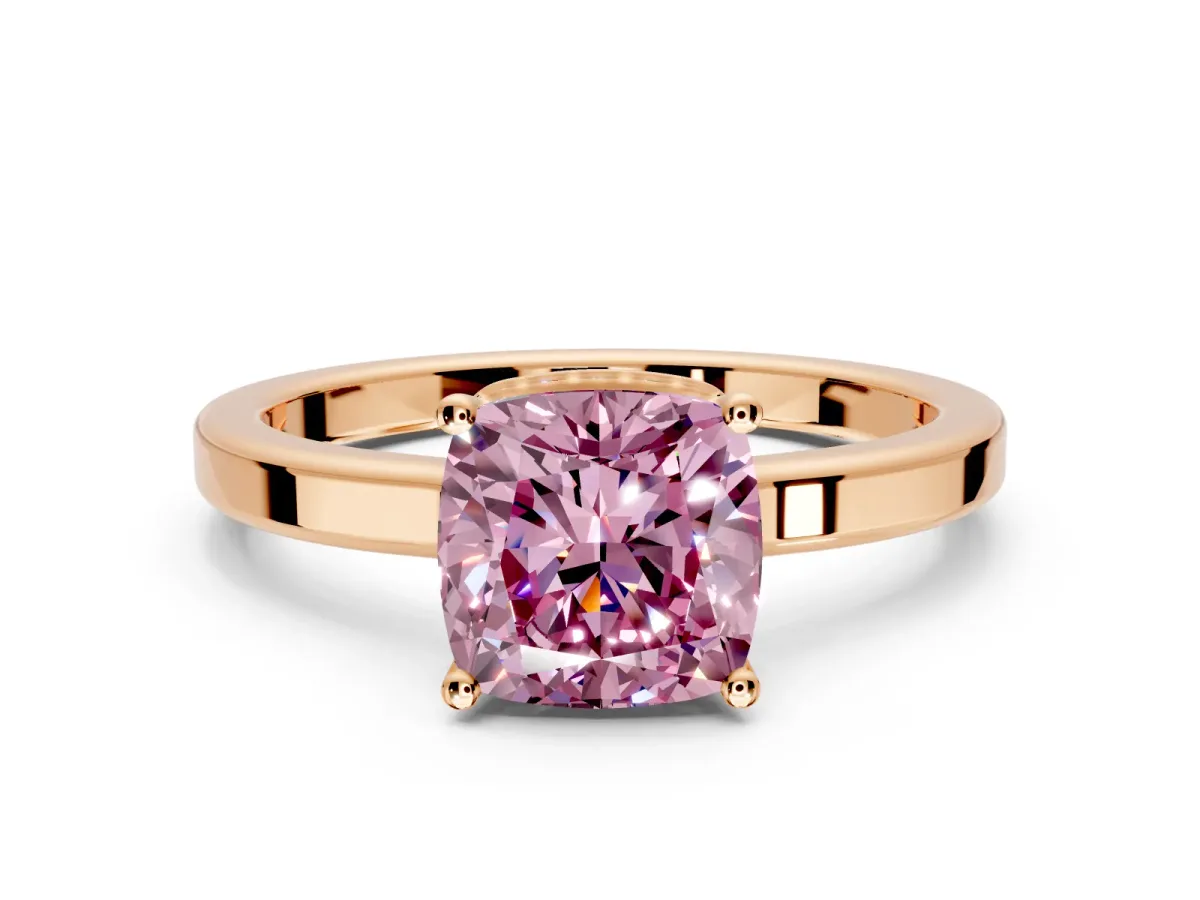 Hidden Halo Engagement Ring Setting for Fancy Pink Cushion Cut Center with Wide Flat Plain Band and Prong Head in Rose Gold