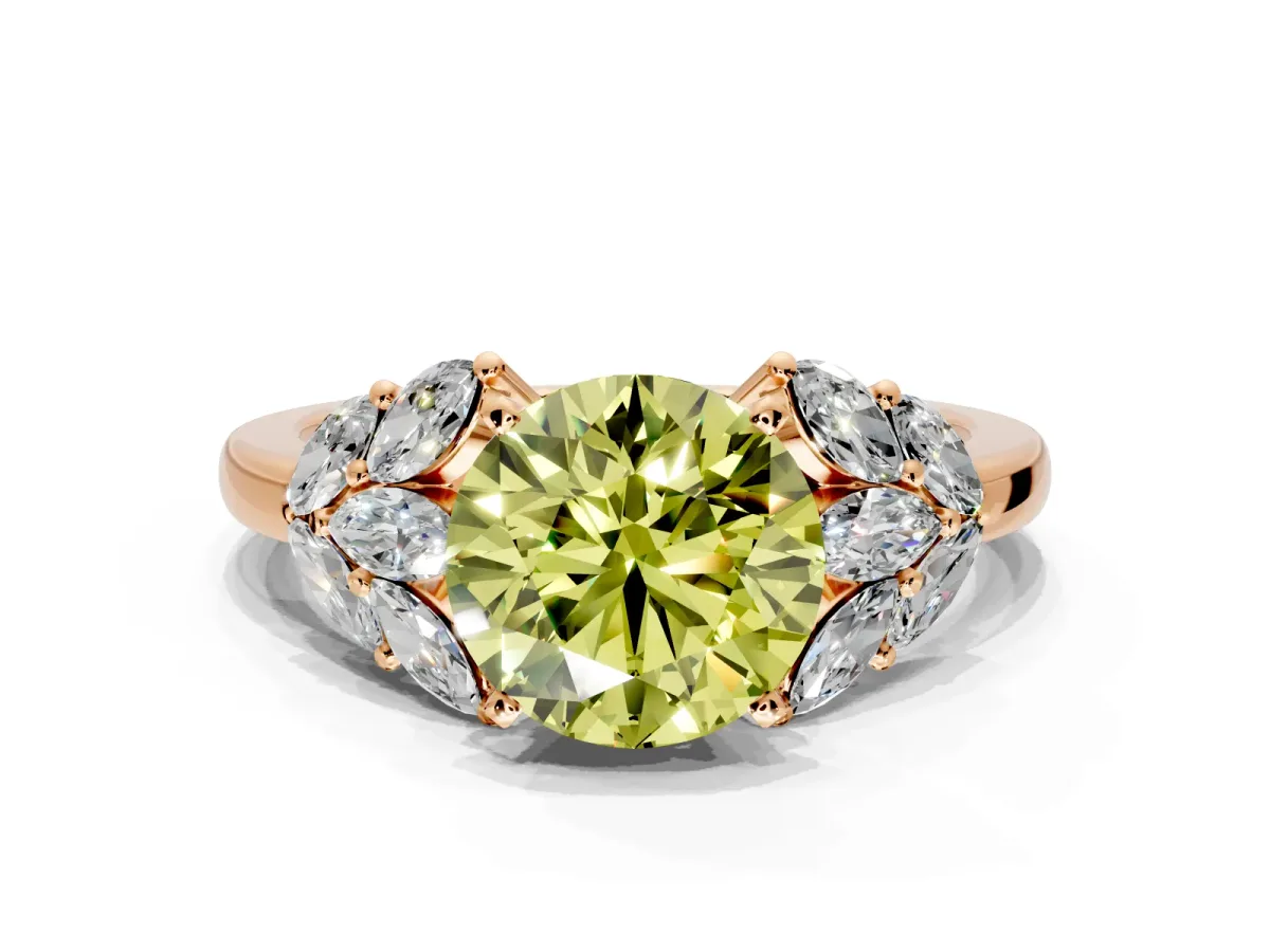 Leaf Cluster Engagement Ring Setting for Fancy Yellow Round Cut Center with Marquise Accents and Prong Head in Rose Gold