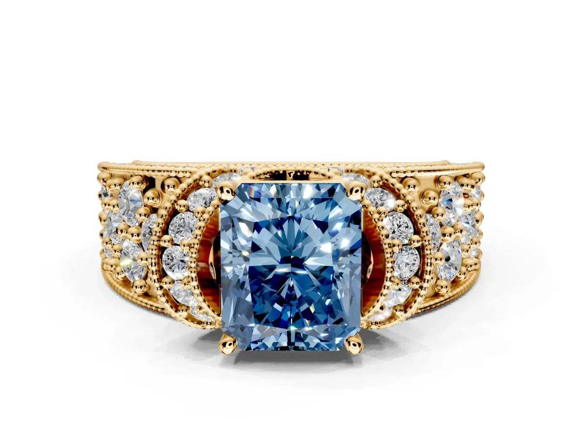 Pave Engagement Ring Setting for Fancy Blue Radiant Cut Center with Curved Accent Rows, Openwork and Prong Head in Yellow Gold