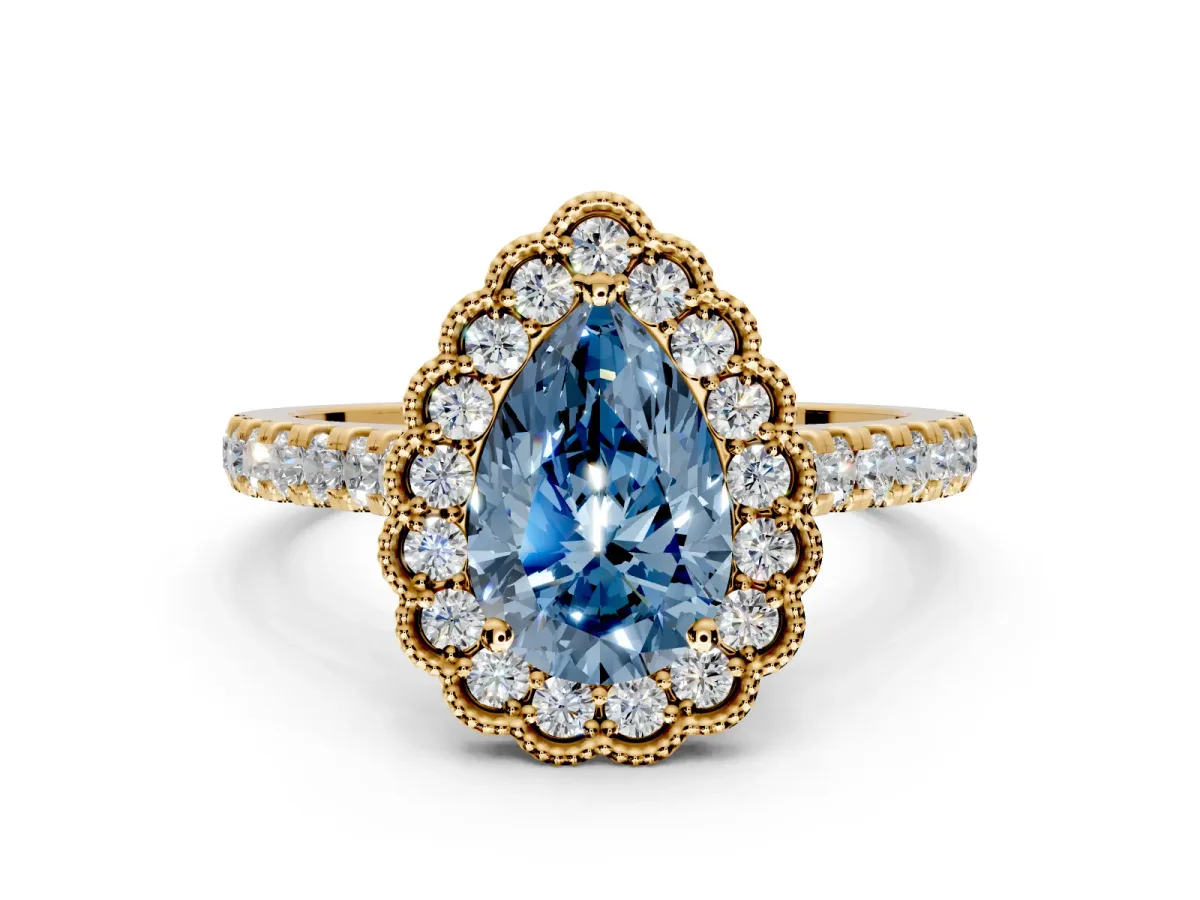 Milgrain Floral Halo Engagement Ring Setting for Fancy Blue Pear-Shaped Center with Pave Band and Prong Head in Yellow Gold