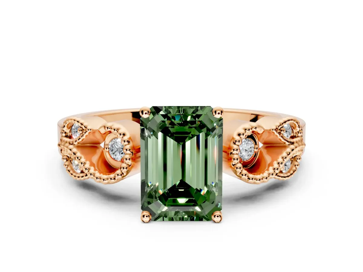 Leaf Engagement Ring Setting for Fancy Green Emerald Cut Center with Milgrain Accent Band and Prong Head in Rose Gold