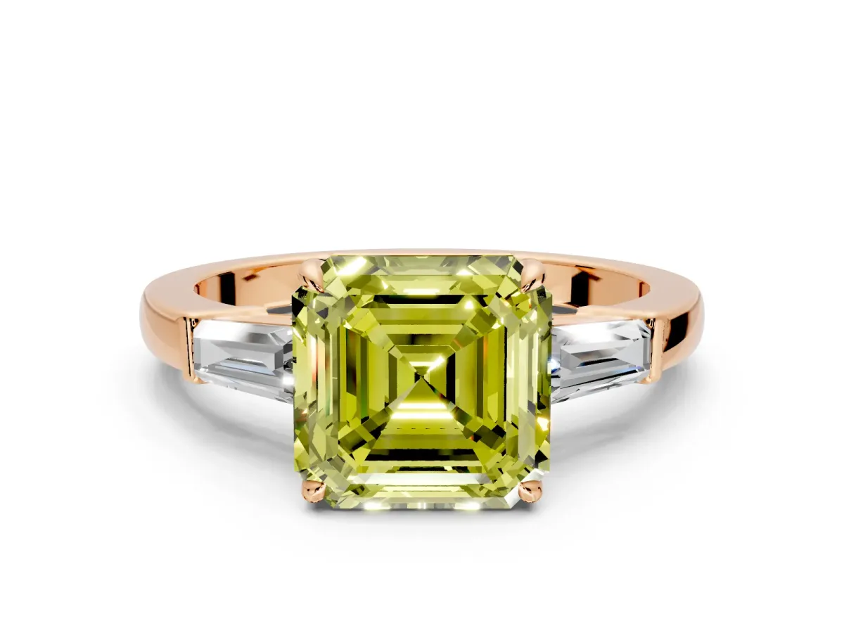 3 Stone Engagement Ring Setting for Fancy Yellow Asscher Cut Center with Baguette Accents and Prong Head in Rose Gold