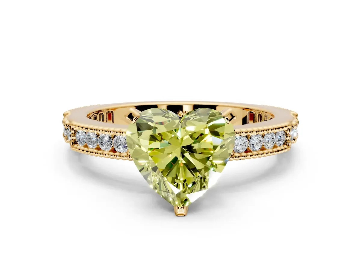 Solitaire Engagement Ring Setting for Fancy Yellow Heart-Shaped Center with Milgrain-Edged Pave Band and Prong Head in Yellow Gold