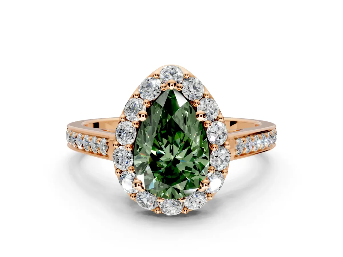 Floral Halo Engagement Ring Setting for Fancy Green Pear-Shaped Center with Large Halo Accents and Prong Head in Rose Gold