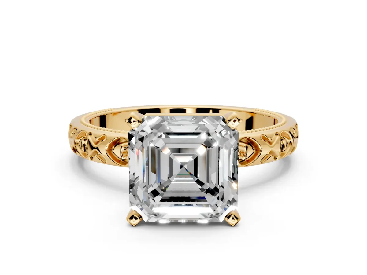 Solitaire Engagement Ring Setting for Asscher Cut Center with XO Engraved Band and Prong Head in Yellow Gold