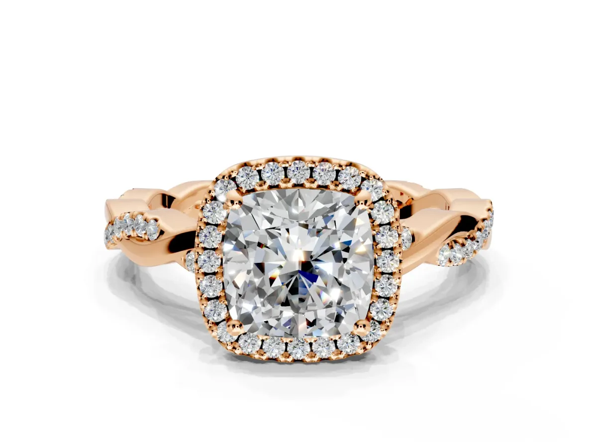 Halo Engagement Ring Setting for Cushion Cut Center with Pave and Plain Twist Band and Prong Head in Rose Gold