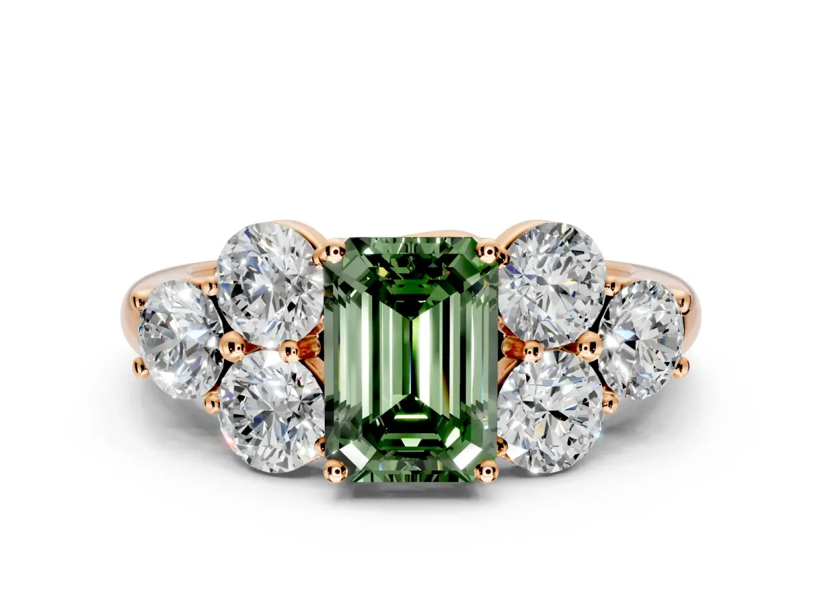 Cluster Engagement Ring Setting for Fancy Green Emerald Cut Center with Round Cut Accent Frame and Prong Head in Rose Gold