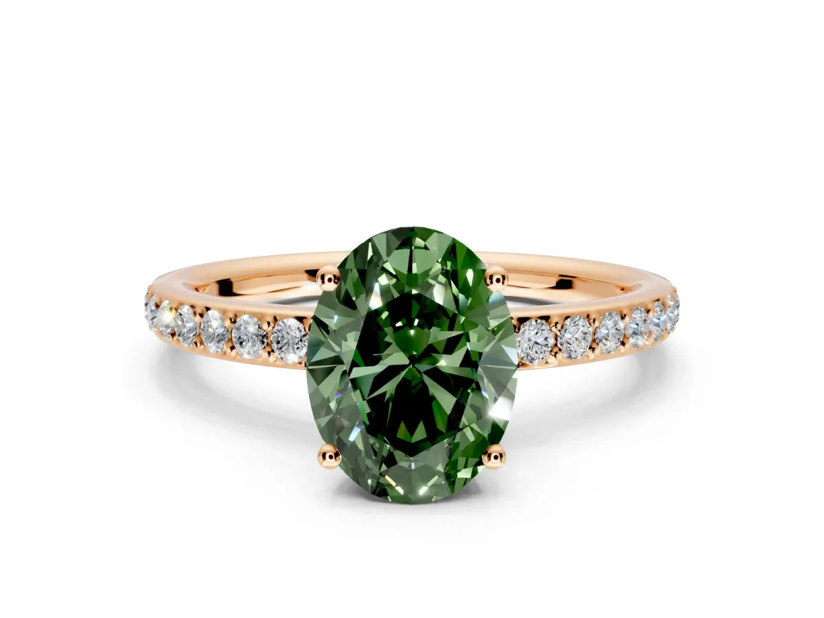 Solitaire Engagement Ring Setting for Fancy Green Oval Center with Fine Pave Band and Prong Head in Rose Gold