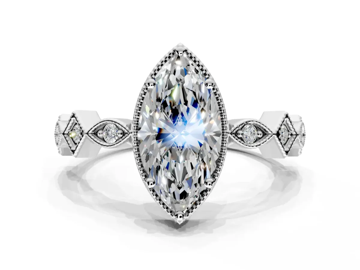 Milgrain Bezel Engagement Ring Setting for Marquise Center with Marquise Stations and Bezel Head in Platinum