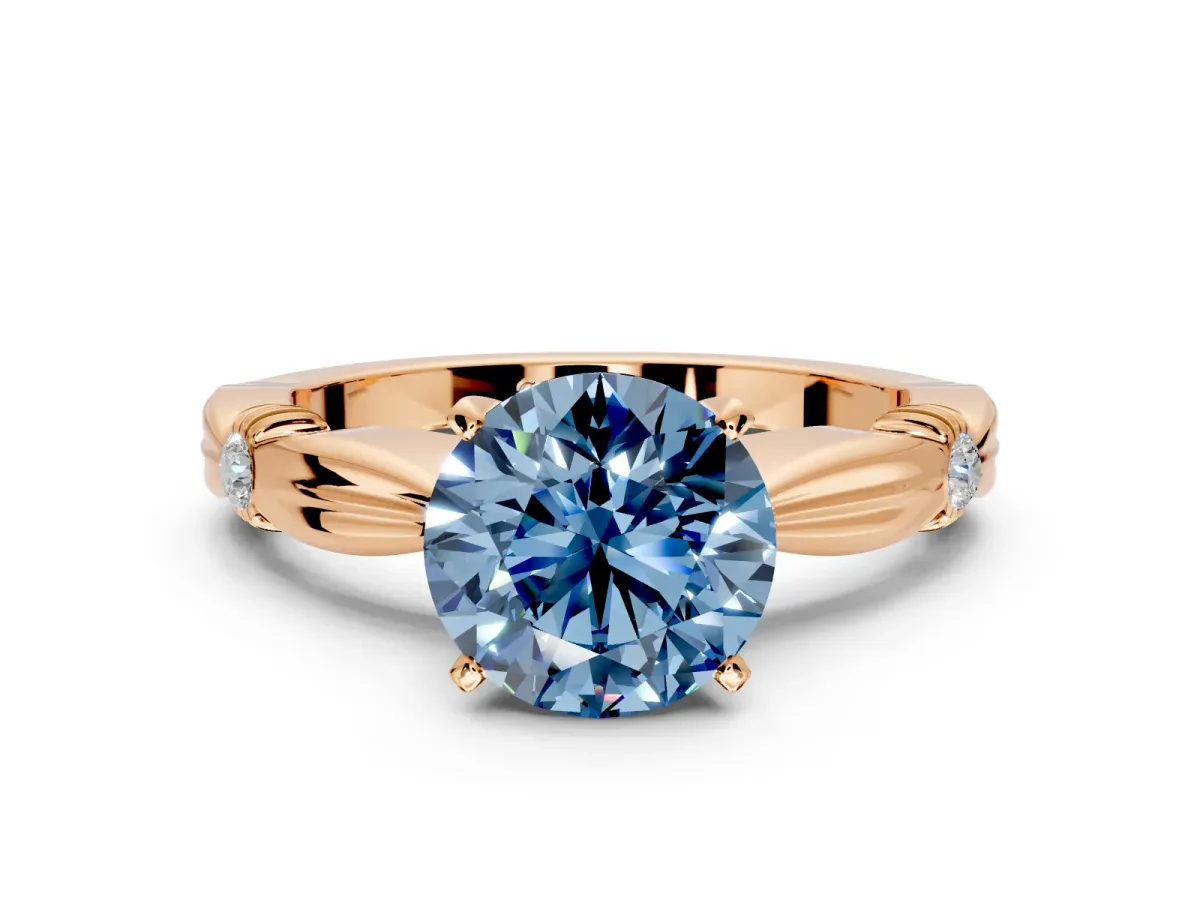 Solitaire Engagement Ring Setting for Fancy Blue Round Cut Center with Carved Leaf Shoulders and Prong Head in Rose Gold