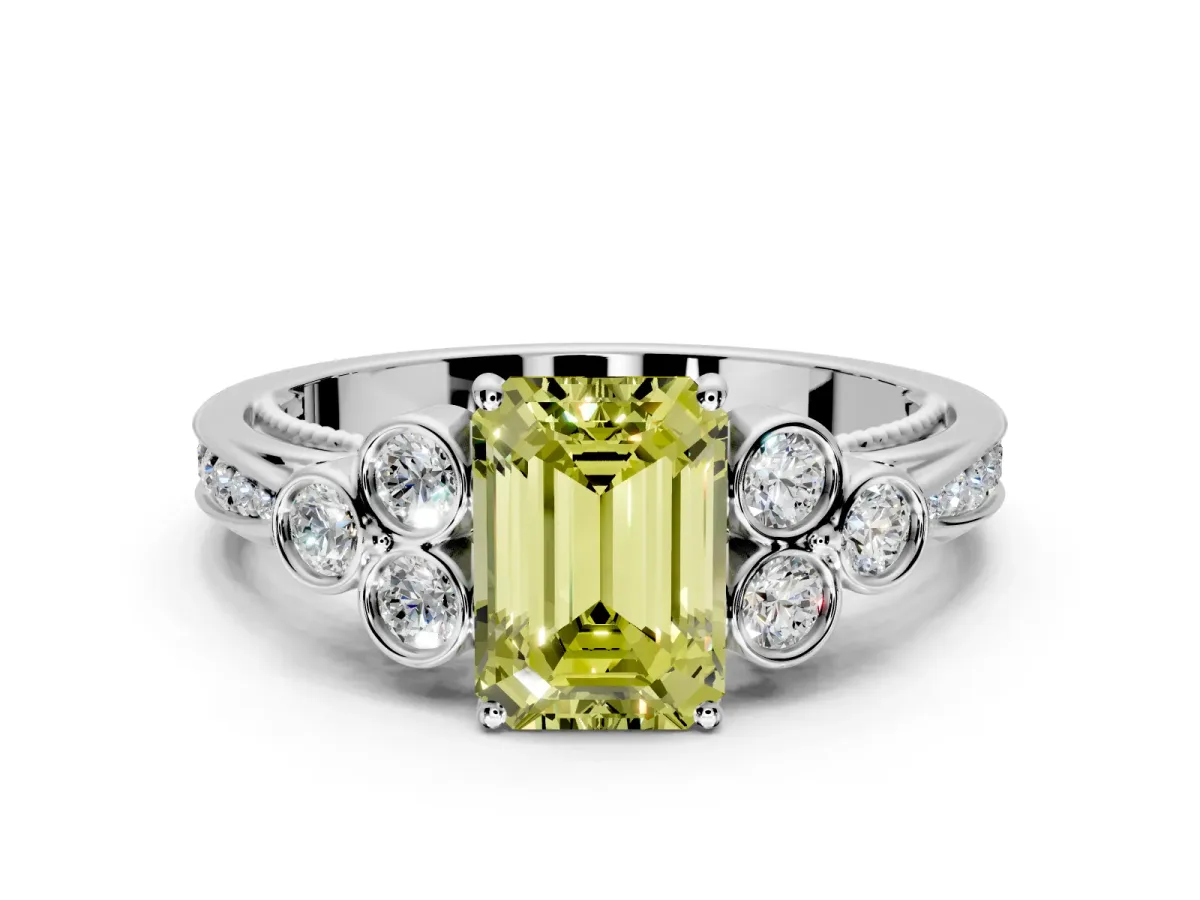 Cluster Engagement Ring Setting for Fancy Yellow Emerald Cut Center with Bezel Accent Clusters and Prong Head in Sterling Silver