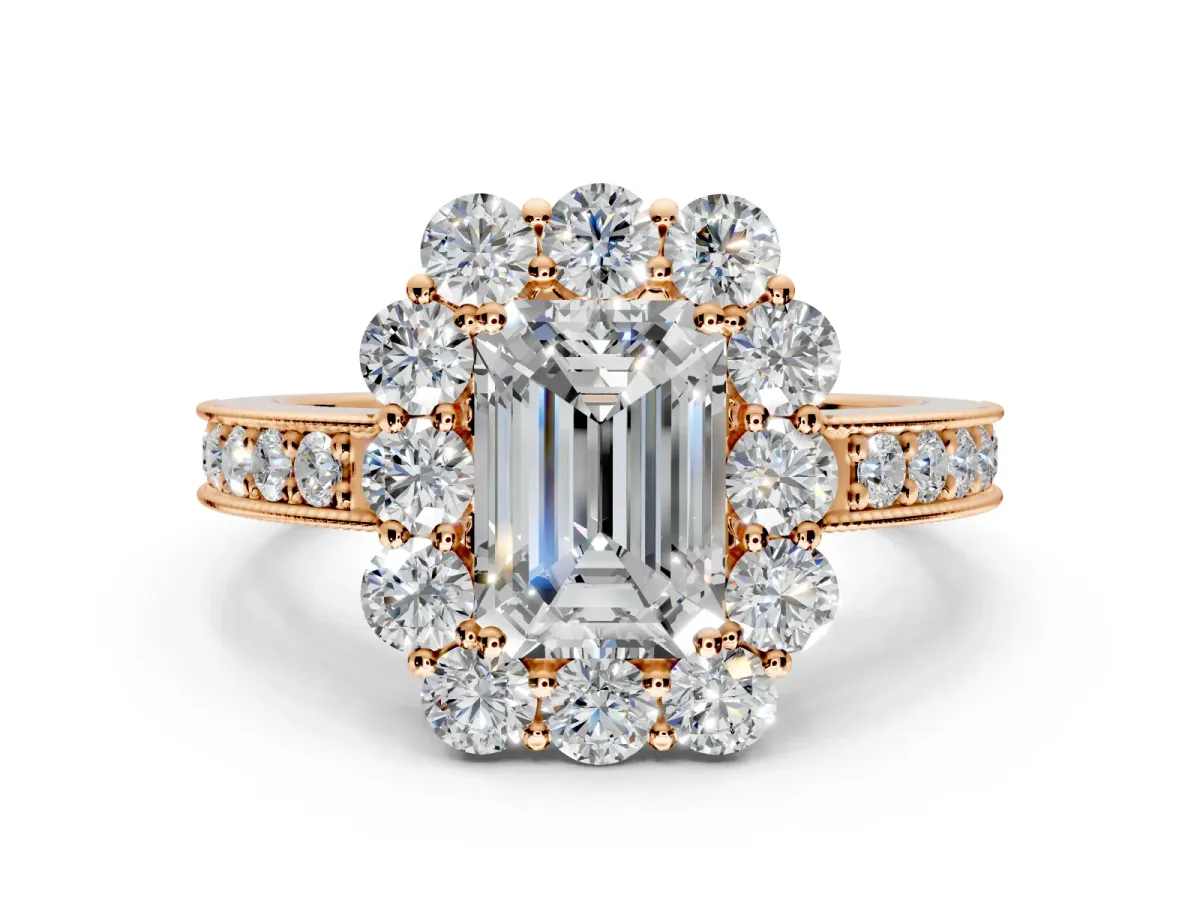 Halo Engagement Ring Setting for Emerald Cut Center with Milgrain Channel Band and Prong Head in Rose Gold