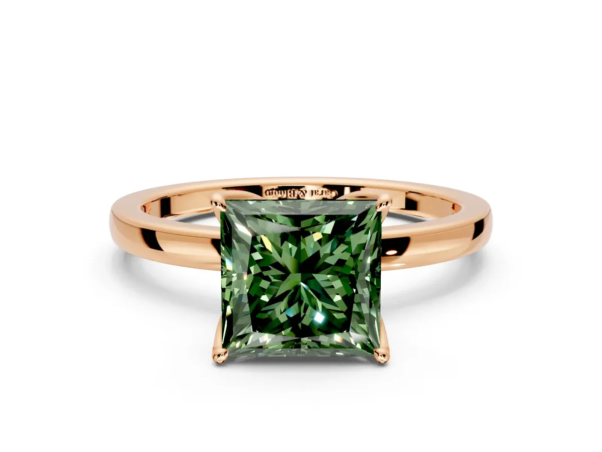 Solitaire Engagement Ring Setting for Fancy Green Princess Cut Center with Thin Rounded Plain Band and Prong Head in Rose Gold