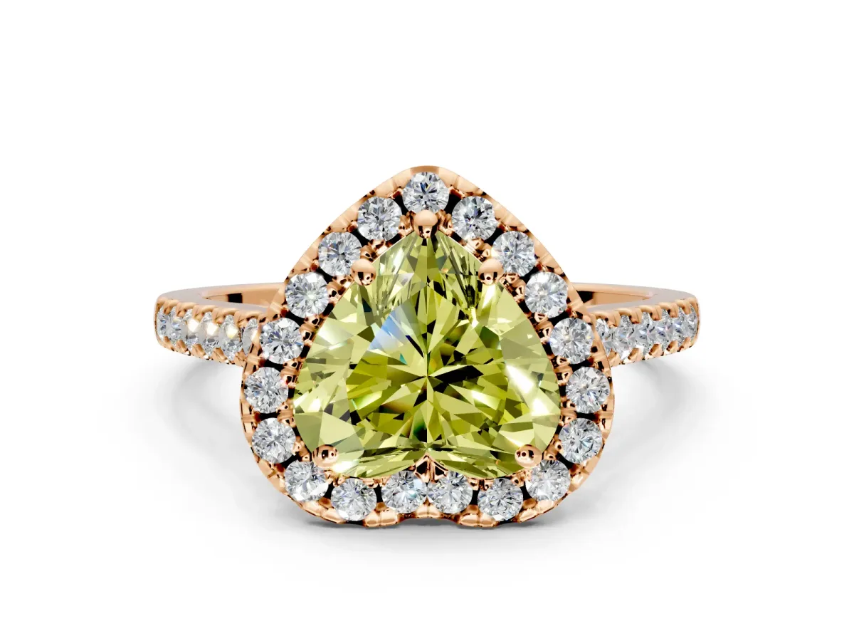 Halo Engagement Ring Setting for Fancy Yellow Heart-Shaped Center with Raised Halo, Pave Band and Prong Head in Rose Gold
