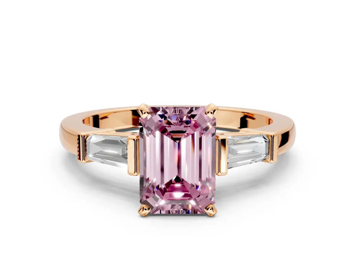 3 Stone Engagement Ring Setting for Fancy Pink Emerald Cut Center with Channel Baguette Accents and Prong Head in Rose Gold