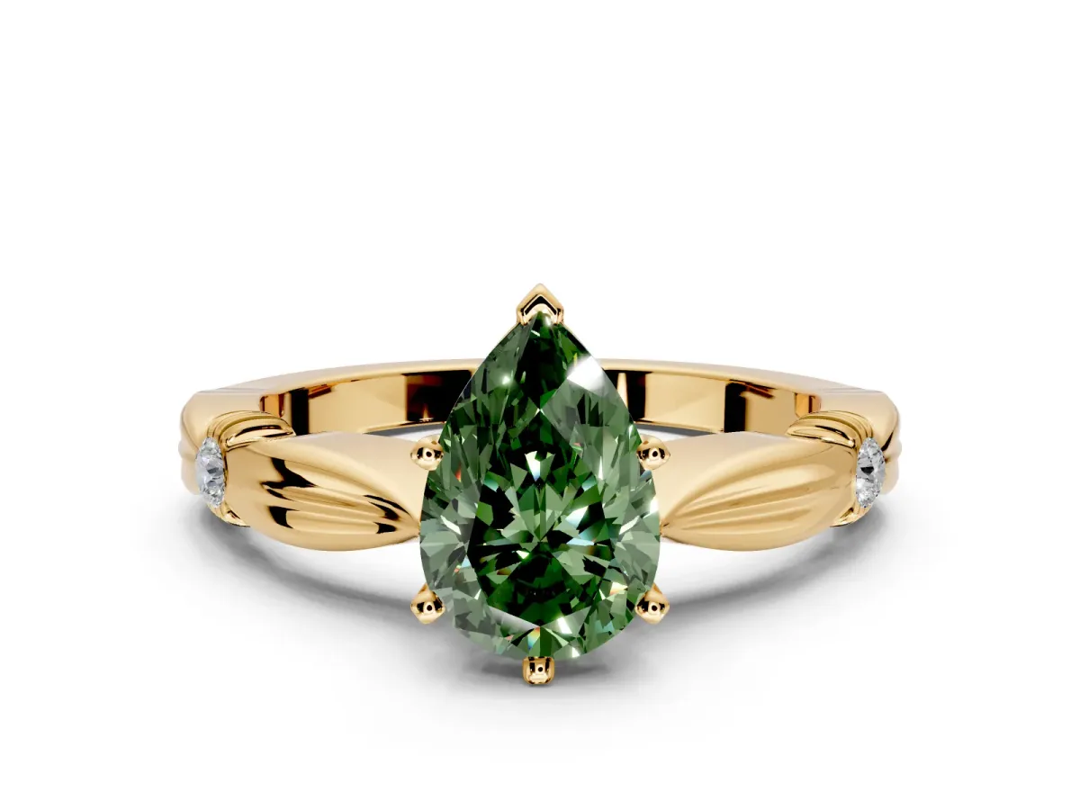 Solitaire Engagement Ring Setting for Fancy Green Pear-Shaped Center with Carved Leaf Shoulders and Prong Head in Yellow Gold