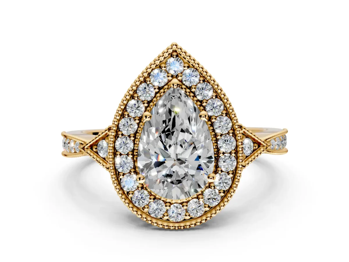 Halo Engagement Ring Setting for Pear-Shaped Center with Milgrain Rim, Pave Band and Prong Head in Yellow Gold