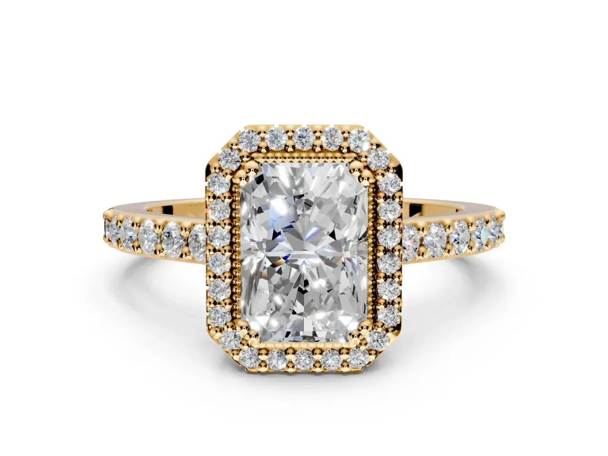 Halo Engagement Ring Setting for Radiant Cut Center with Inner Milgrain Border and Prong Head in Yellow Gold
