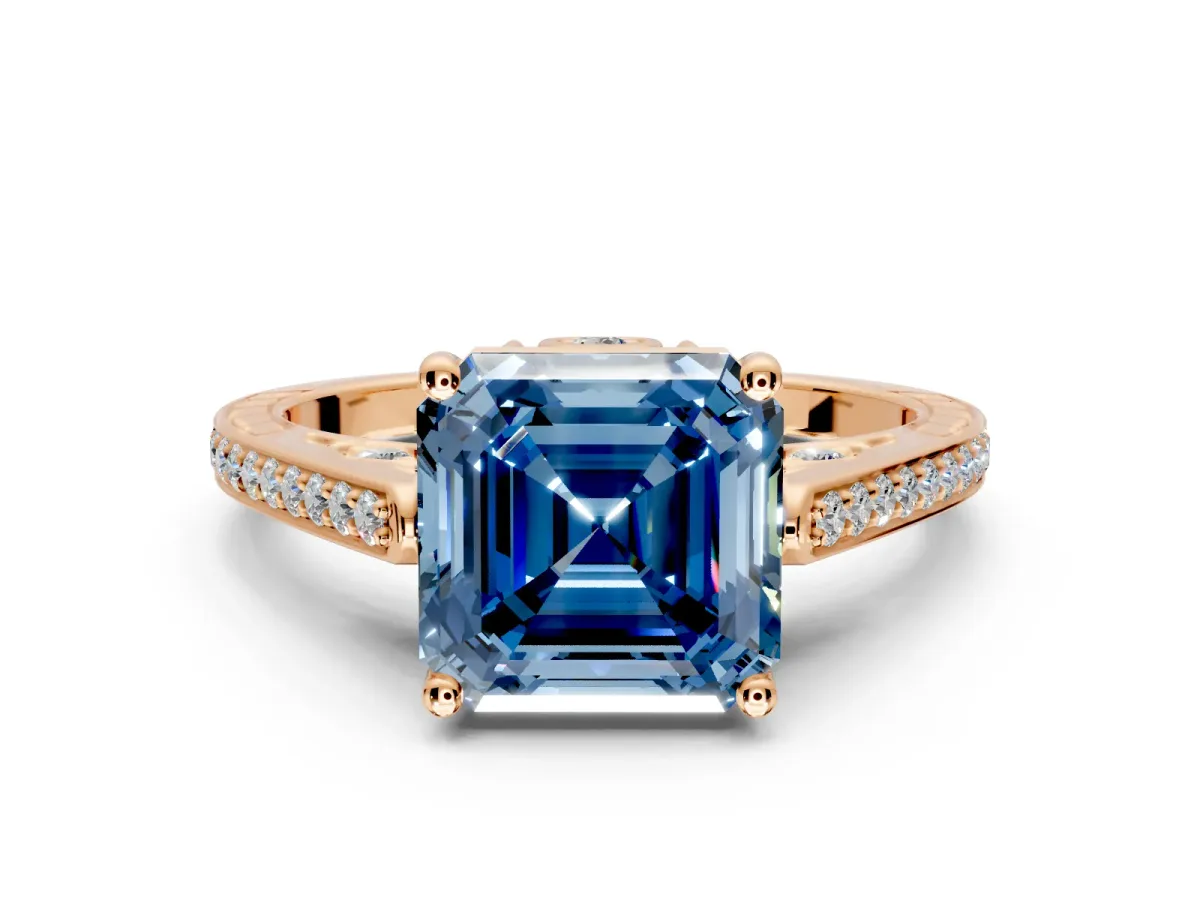 Cathedral Engagement Ring Setting for Fancy Blue Asscher Cut Center with Antique-Style Pave Band and Prong Head in Rose Gold