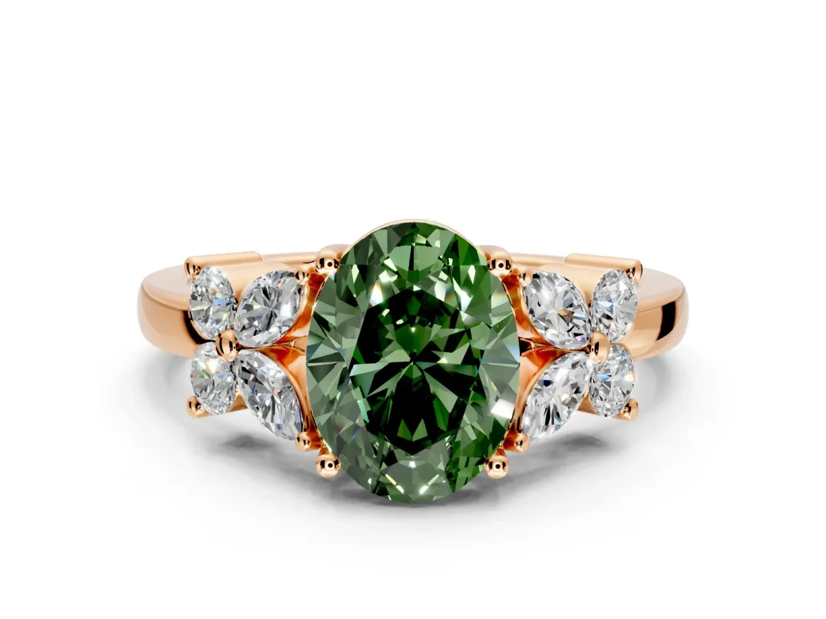 Floral Engagement Ring Setting for Fancy Green Oval Center with Marquise Cluster Shoulders and Prong Head in Rose Gold