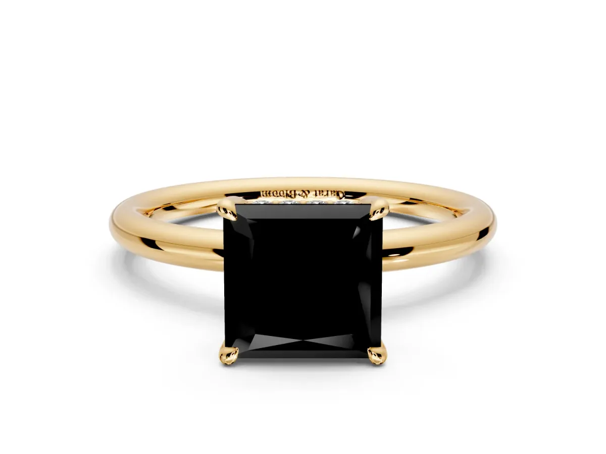 Hidden Halo Engagement Ring Setting for Fancy Black Princess Cut Center with Thin Rounded Band and Prong Head in Yellow Gold