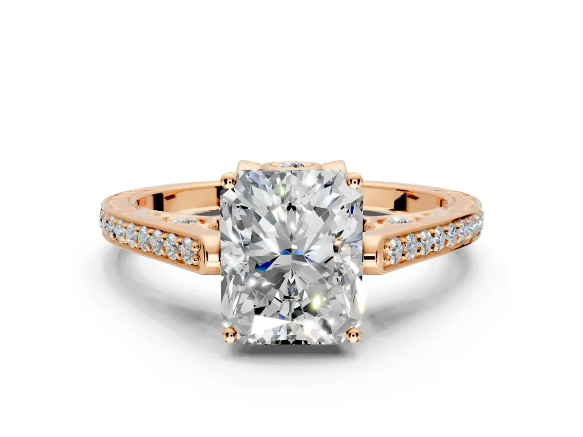 Cathedral Engagement Ring Setting for Radiant Cut Center with Antique-Style Pave Band and Prong Head in Rose Gold