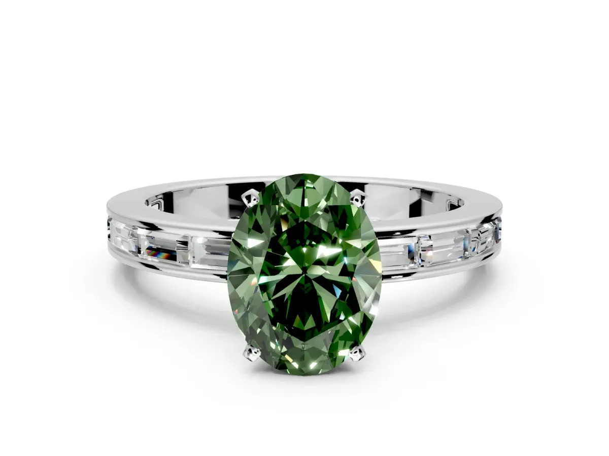 Solitaire Engagement Ring Setting for Fancy Green Oval Center with Channel Baguette Band and Prong Head in Platinum