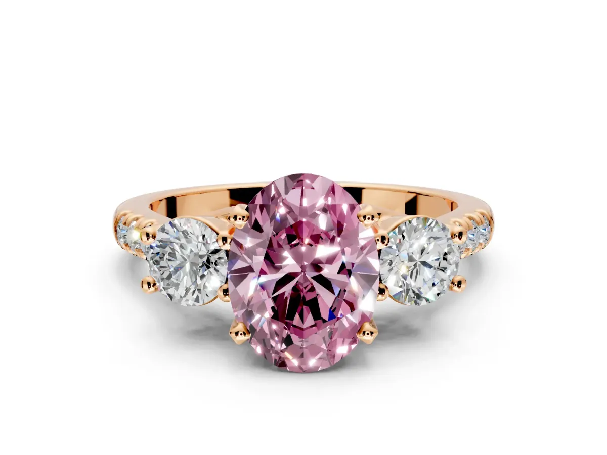 3 Stone Engagement Ring Setting for Fancy Pink Oval Center with Crossover Basket, Pave Band and Prong Head in Rose Gold