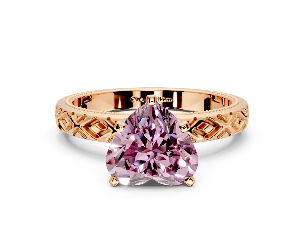 Solitaire Engagement Ring Setting for Fancy Pink Heart-Shaped Center with Milgrain X Pattern Band and Prong Head in Rose Gold