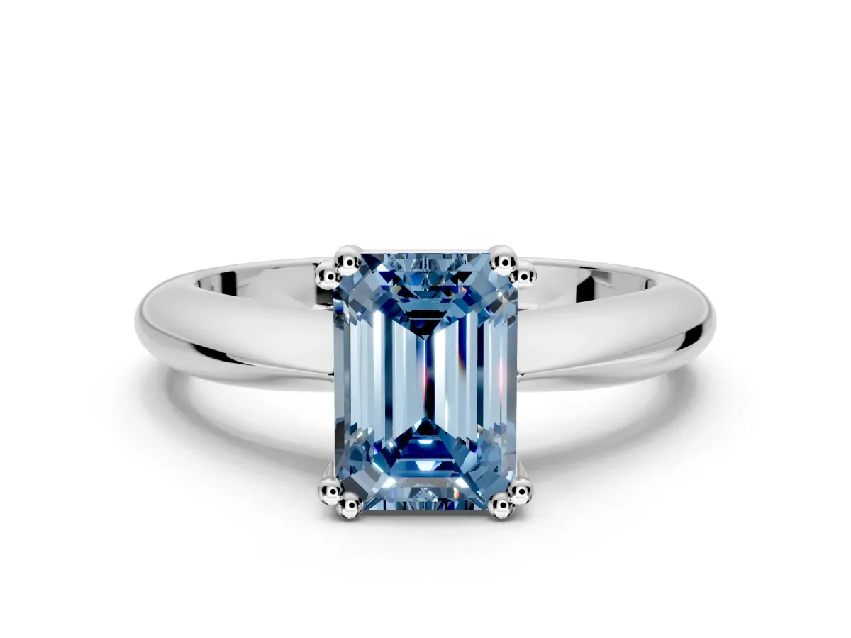 Solitaire Engagement Ring Setting for Fancy Blue Emerald Cut Center with Reverse Tapered Band and Prong Head in Platinum