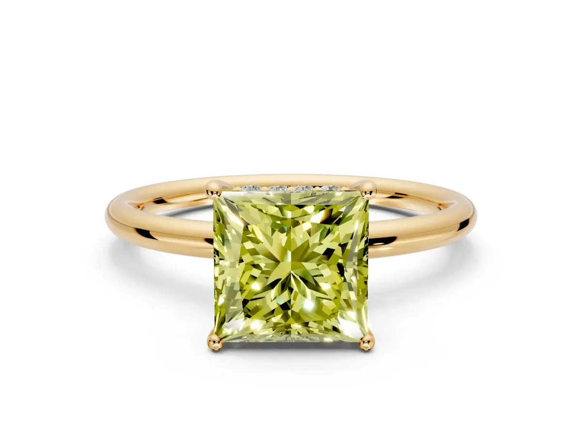 Solitaire Engagement Ring Setting for Fancy Yellow Princess Cut Center with Plain Band, Open Basket and Prong Head in Yellow Gold