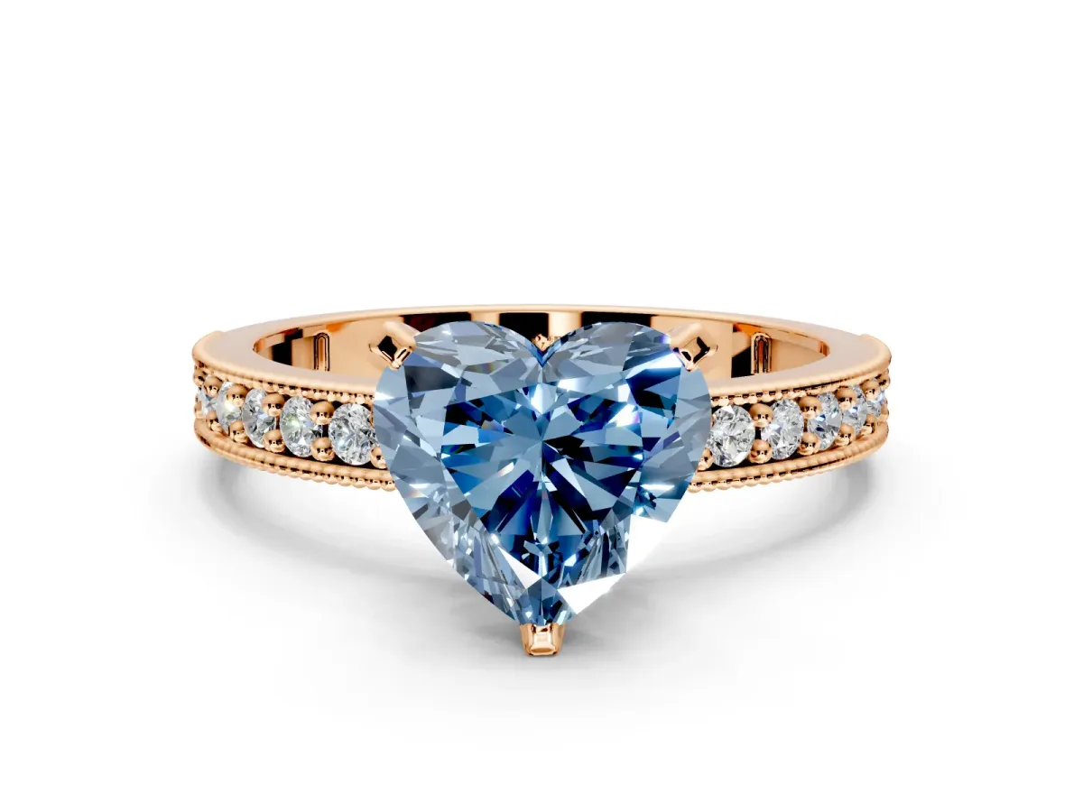 Milgrain Pave Engagement Ring Setting for Fancy Blue Heart-Shaped Center with Accent Band and Prong Head in Rose Gold