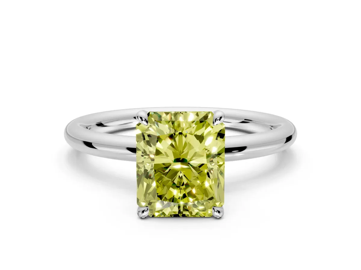Hidden Halo Engagement Ring Setting for Fancy Yellow Radiant Cut Center with Thin Rounded Band and Prong Head in Platinum