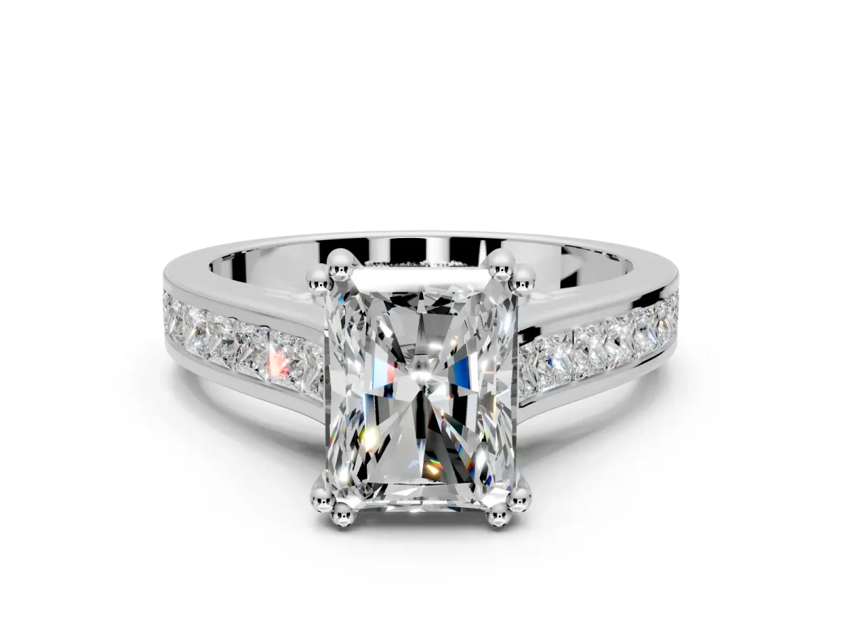 Solitaire Engagement Ring Setting for Radiant Cut Center with Channel Band and Double Claw Prong Head in Platinum