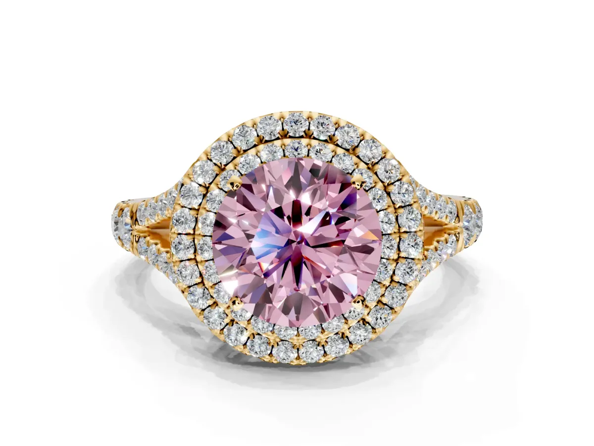 Double Halo Engagement Ring Setting for Fancy Pink Round Cut Center with Narrow Pave Split Shank and Prong Head in Yellow Gold