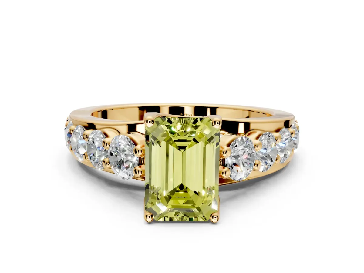 Solitaire Engagement Ring Setting for Fancy Yellow Emerald Cut Center with Graduated Shared Prongs and Prong Head in Yellow Gold